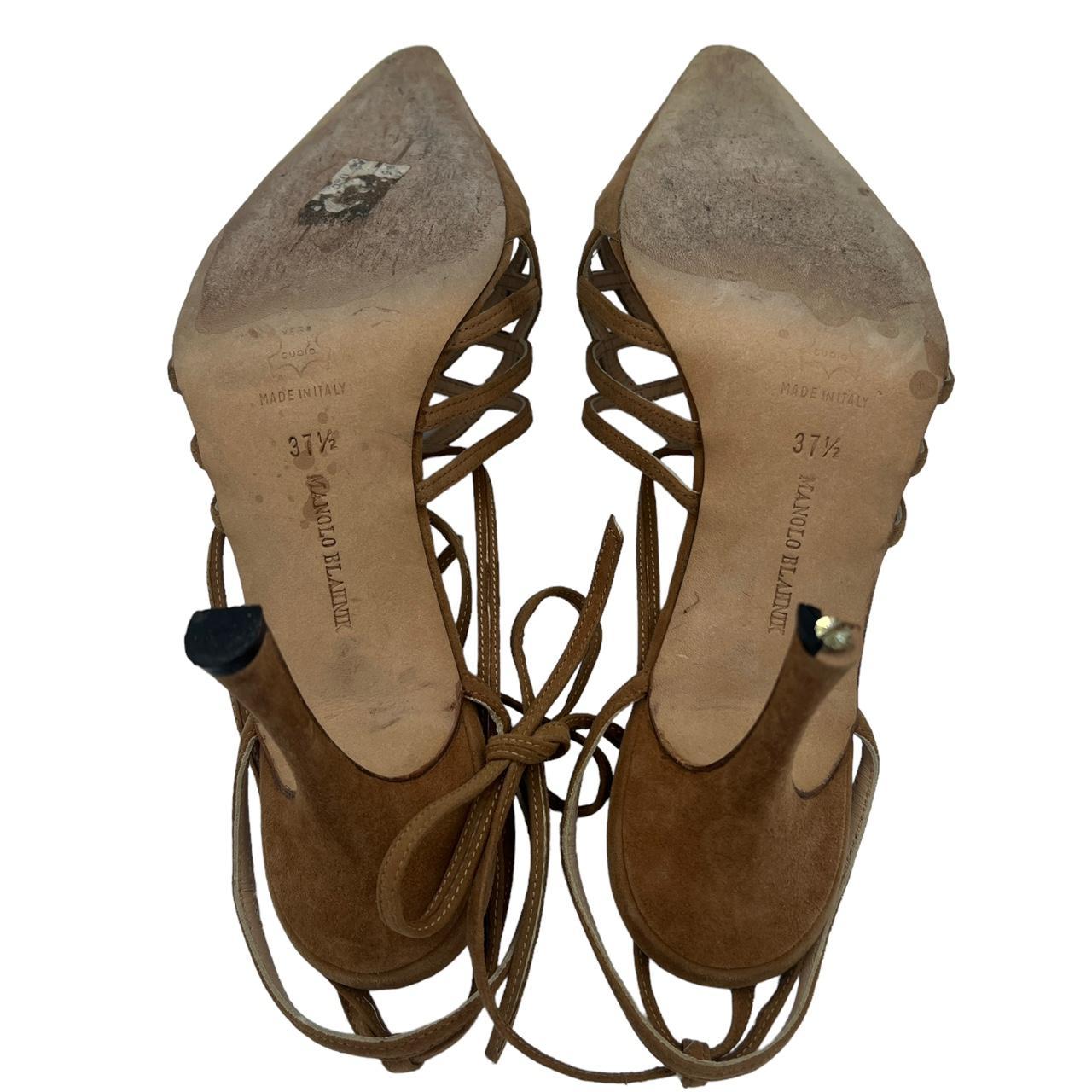 Manolo Blahnik Tan Suede Strappy Pointed Toe Lace Up Heels - Outfit Repeater