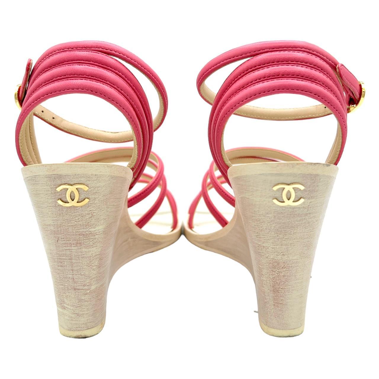 Chanel Pink Lambskin Strappy Wedge Sandals