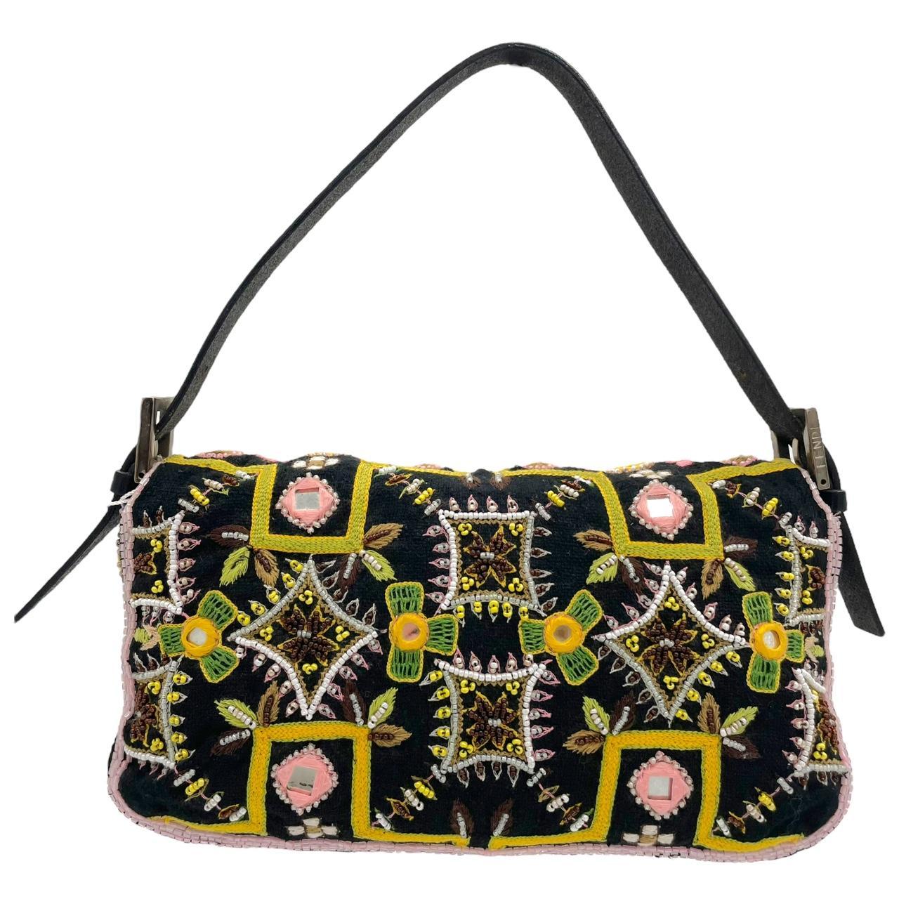 Fendi Fringe Baguette Shoulder Bag Embroidered Beaded