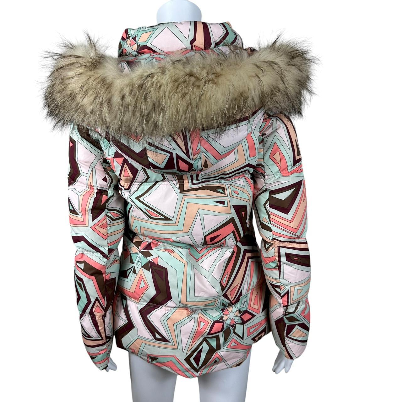 Emilio Pucci Multicolor Printed Down Fill Fur Trim Puffer Coat