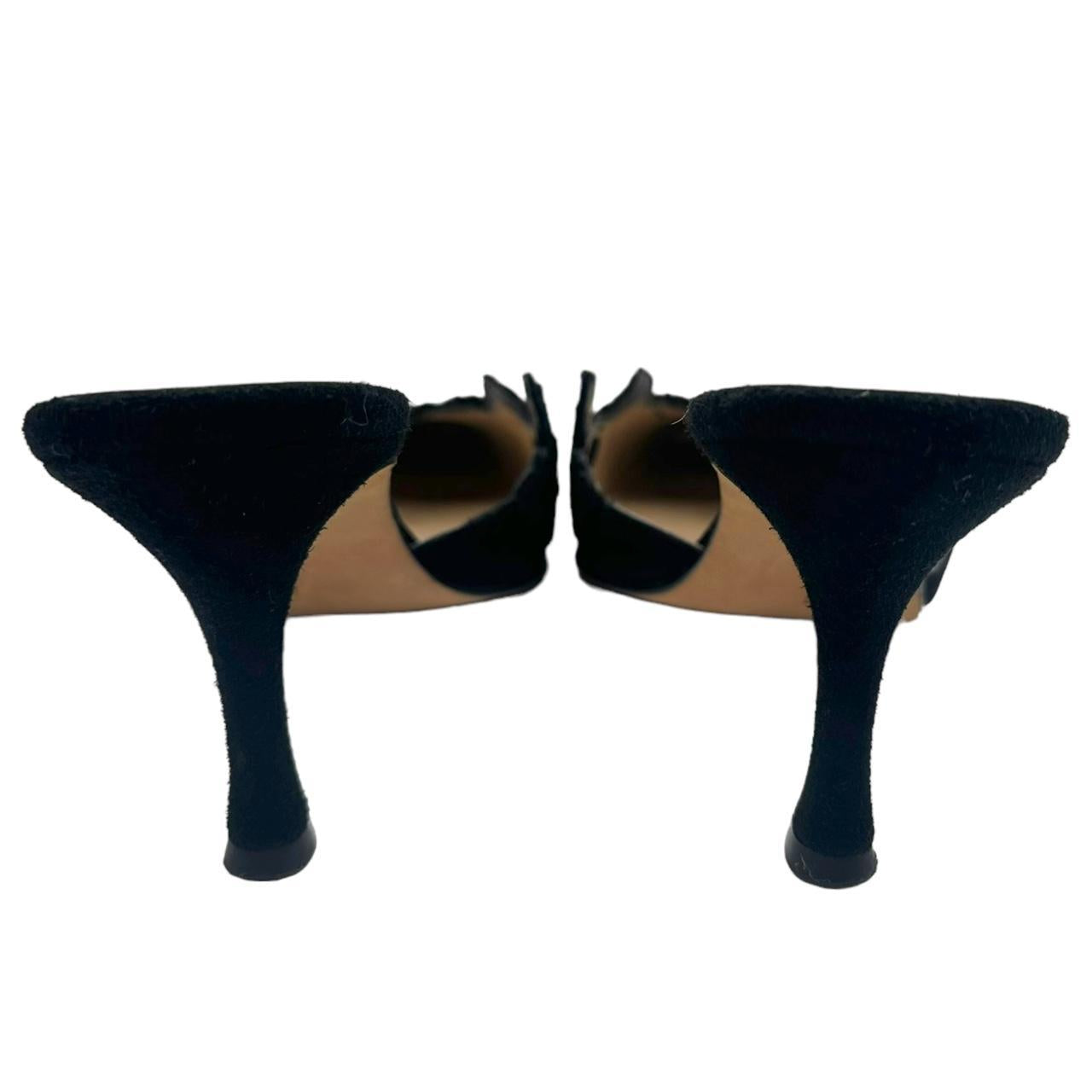 Manolo Blahnik Black Lace Trim Pointed Toe Heeled Mules
