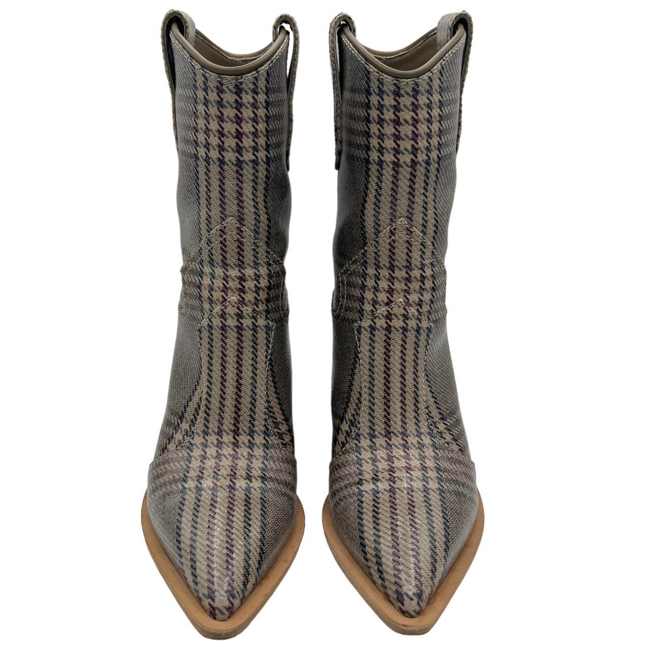Fendi Cowboy Boots Gray Plaid Print Pointed Toe Wedge 37
