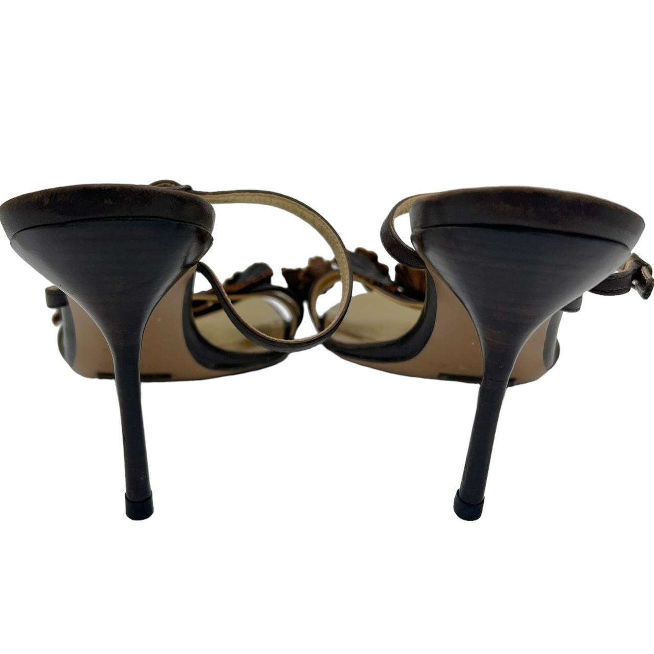 Dolce & Gabbana Brown Leather Floral Appliqué Sandal Heels
