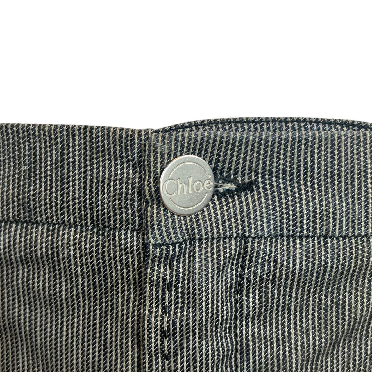 Chloé Autumn 2007 Navy and White Pinstriped Mini Skirt with Leather Logo Patch - Outfit Repeater