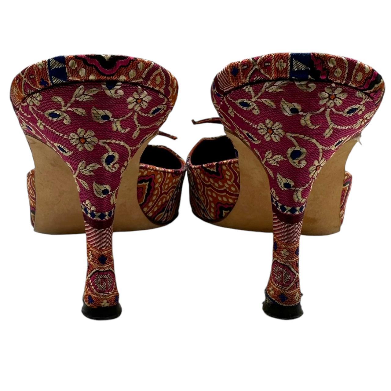 Manolo Blahnik Pink Silk Printed Mule Heels - Outfit Repeater