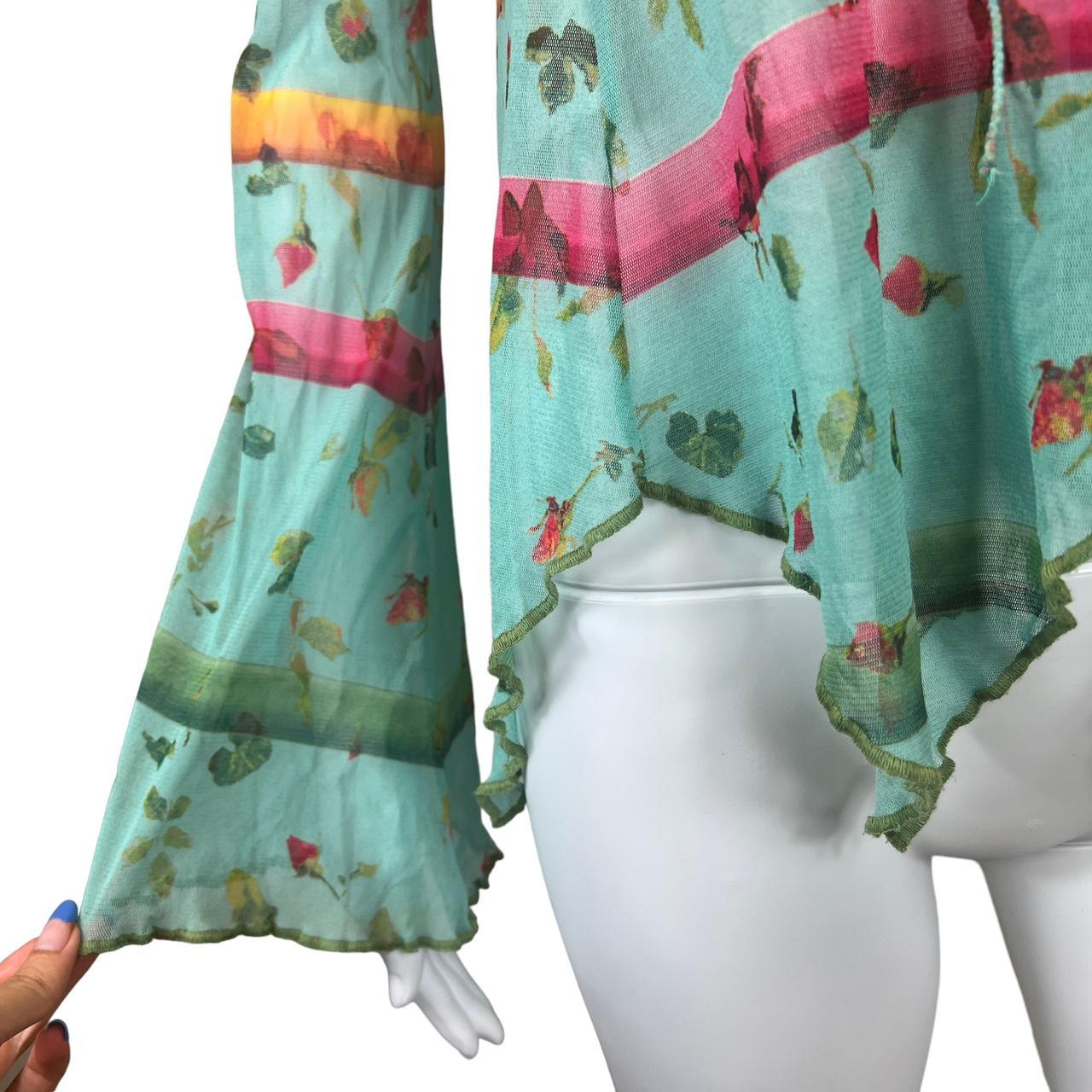 Jean-Paul Gaultier Blue Floral Mesh Long Sleeve Tie Front Asymmetrical Hem Blouse - Outfit Repeater