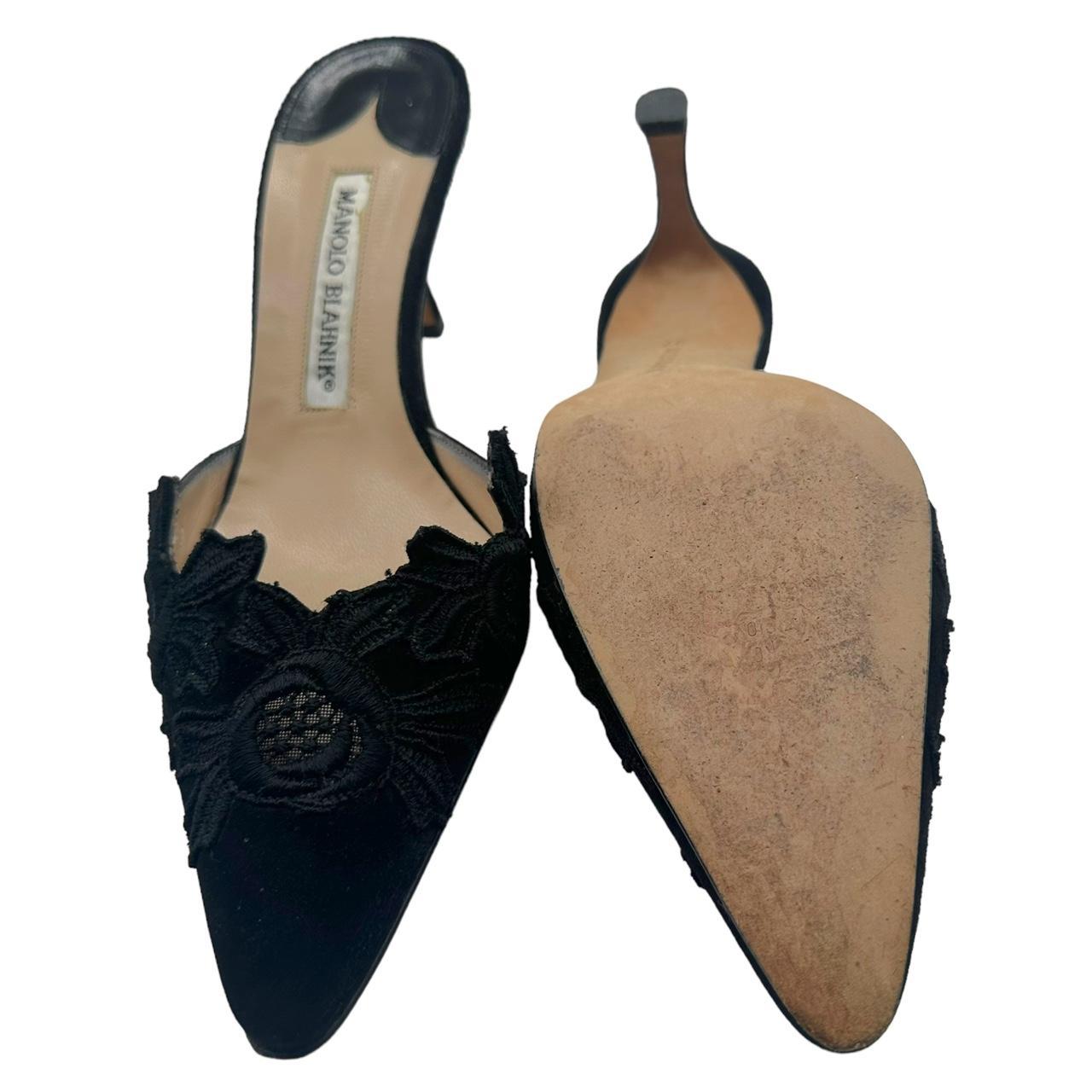 Manolo Blahnik Black Lace Trim Pointed Toe Heeled Mules