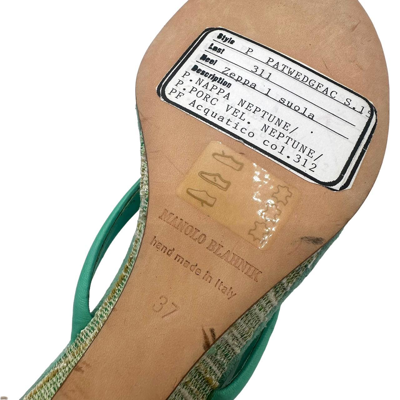 Manolo Blahnik Teal Suede Wedge Kitten Heel Flip Flops