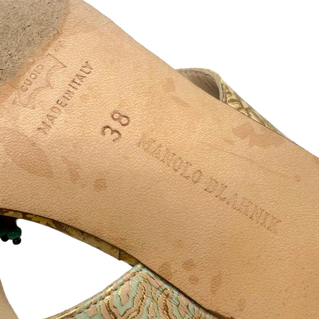 Manolo Blahnik Gold Printed Kitten Heel Flip Flops