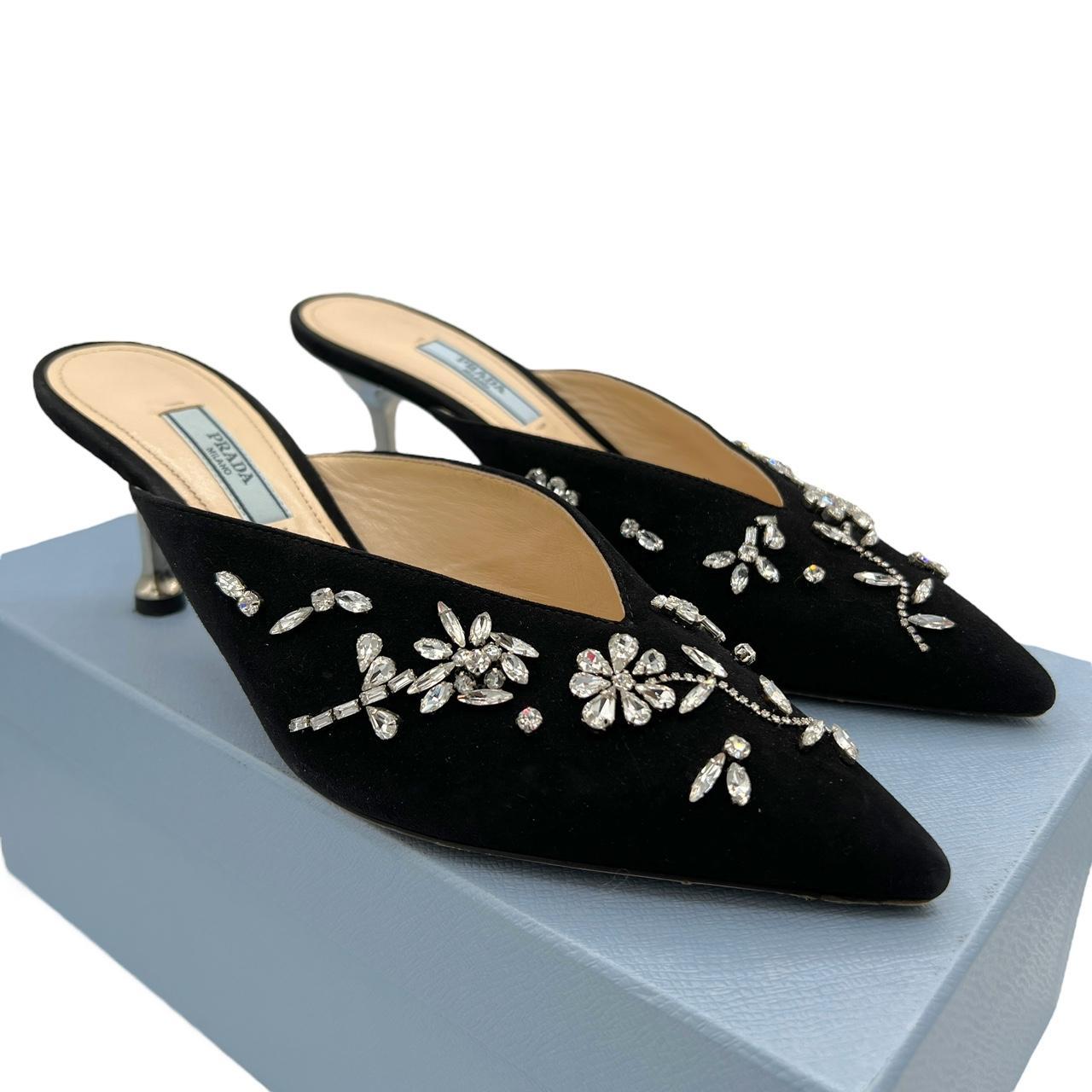 Prada Black Crystal Embellished Mule Heels