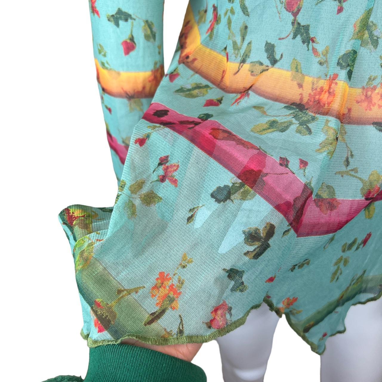 Jean-Paul Gaultier Blue Floral Mesh Long Sleeve Tie Front Asymmetrical Hem Blouse - Outfit Repeater