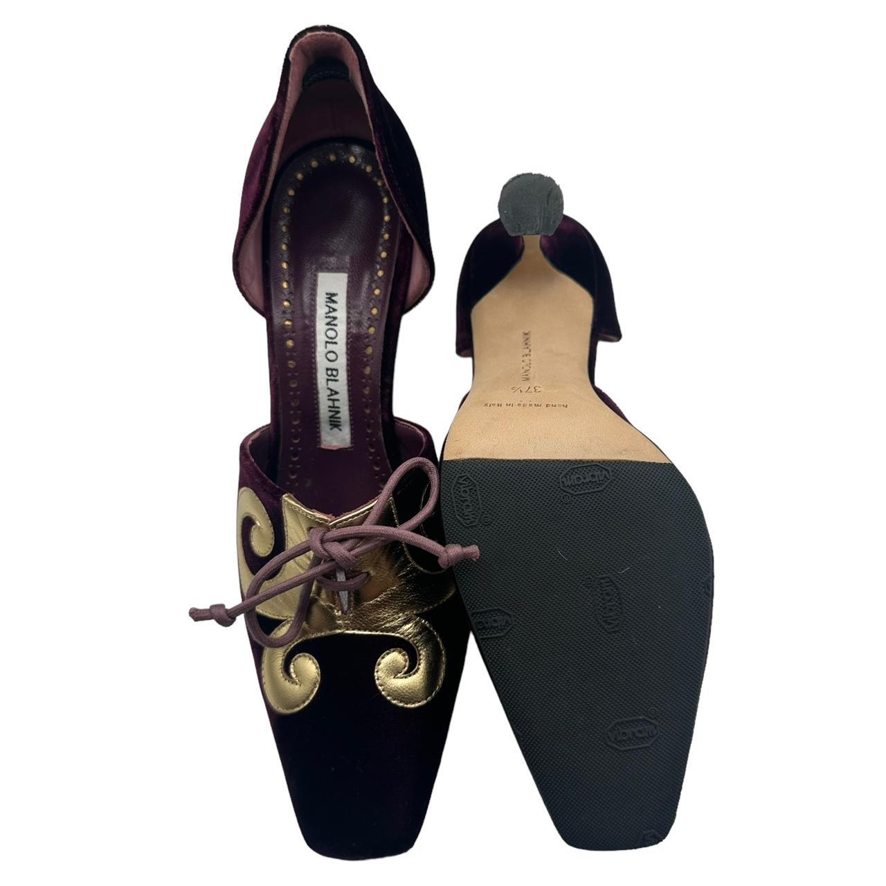 Manolo Blahnik Purple Suede & Gold Leather Heels - Outfit Repeater