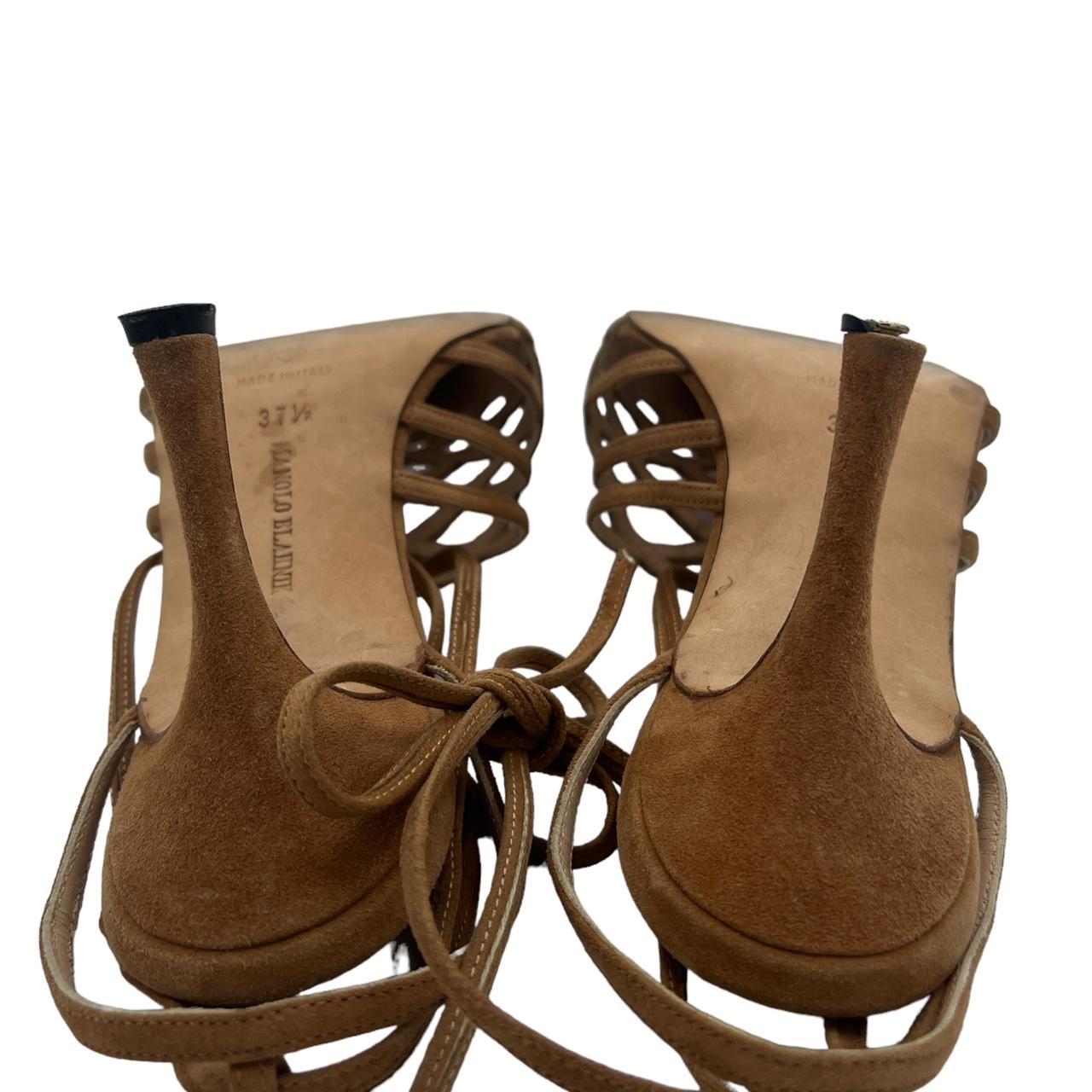 Manolo Blahnik Tan Suede Strappy Pointed Toe Lace Up Heels - Outfit Repeater