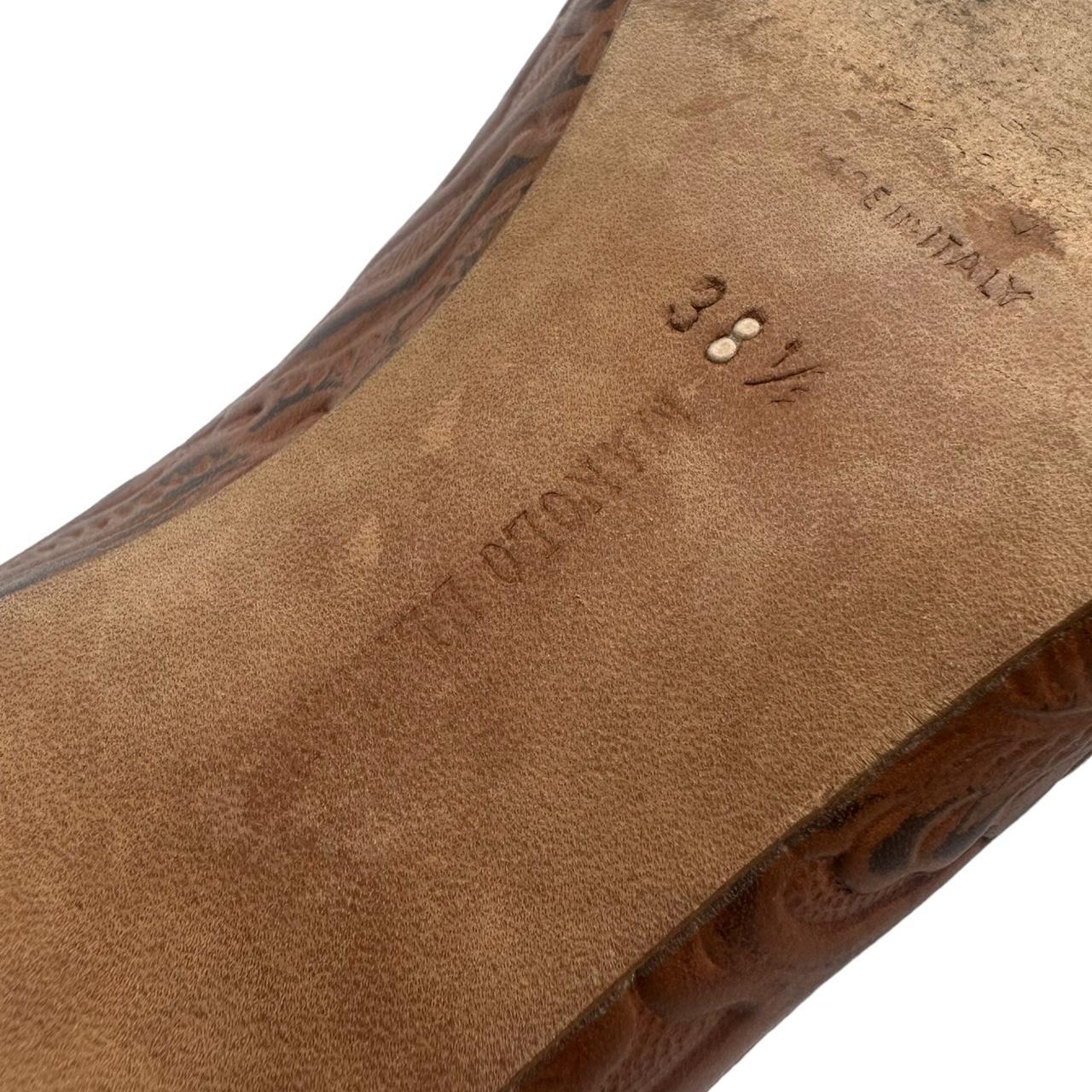 Manolo Blahnik Brown Embossed Leather Kitten Heel Mules