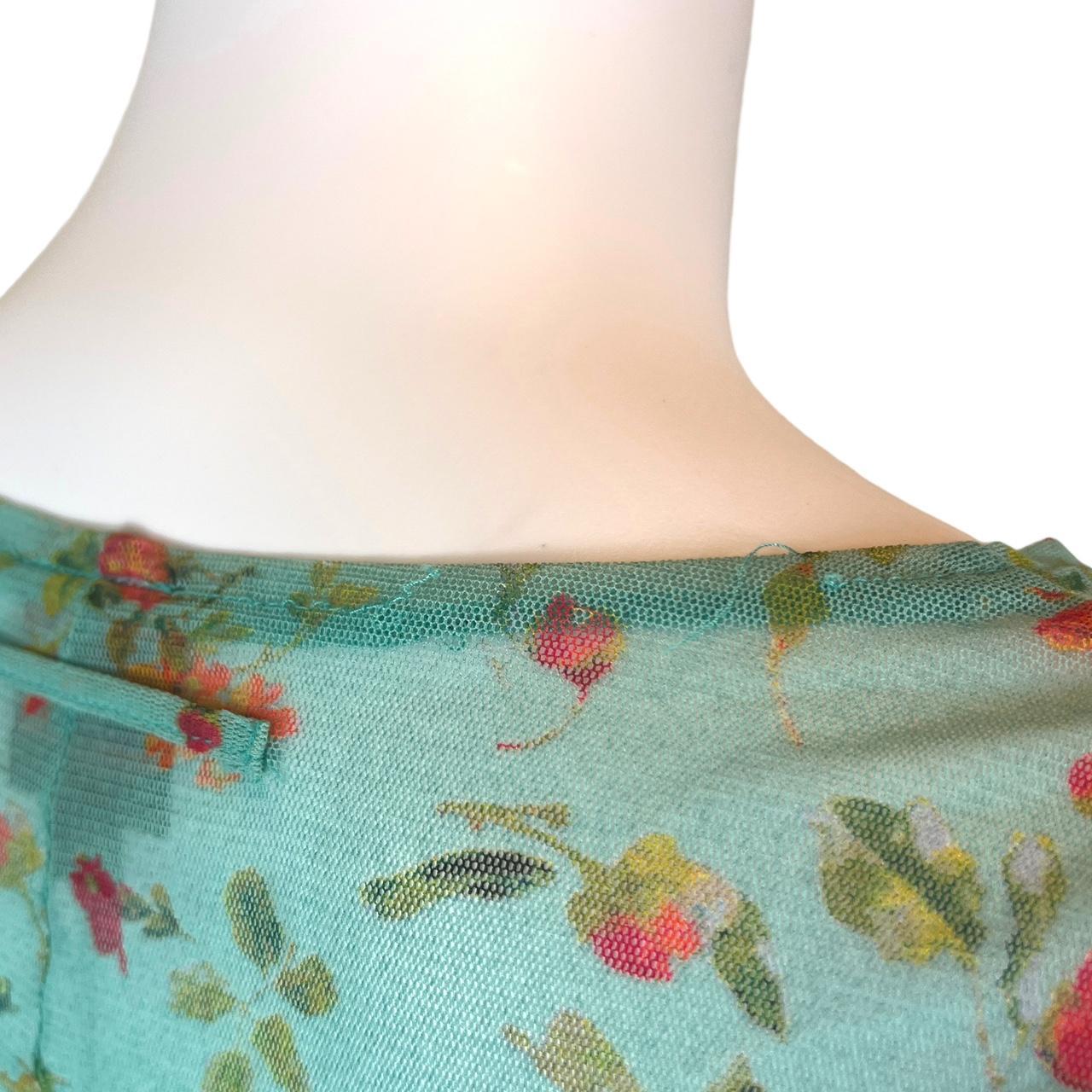 Jean-Paul Gaultier Blue Floral Mesh Long Sleeve Tie Front Asymmetrical Hem Blouse - Outfit Repeater