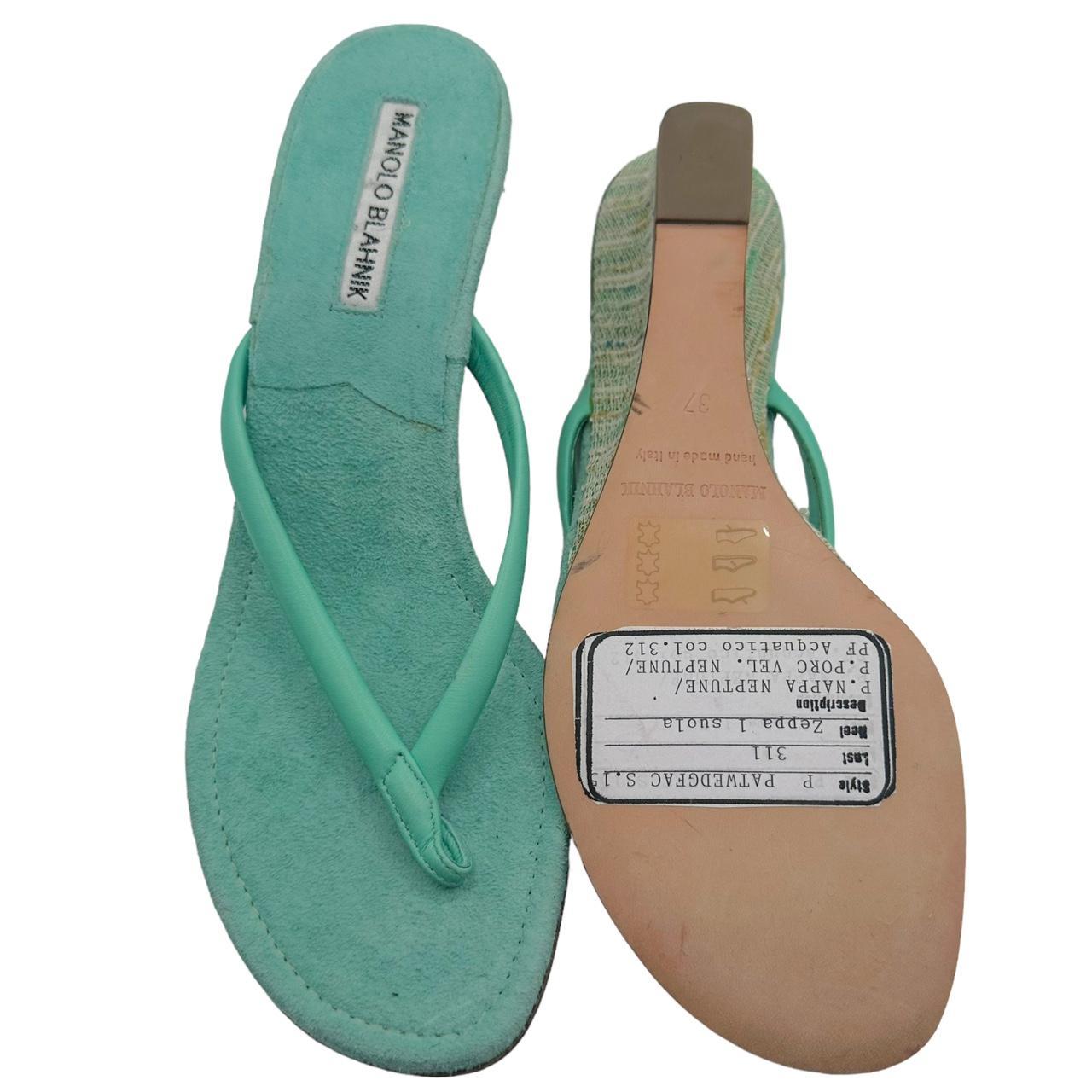 Manolo Blahnik Teal Suede Wedge Kitten Heel Flip Flops