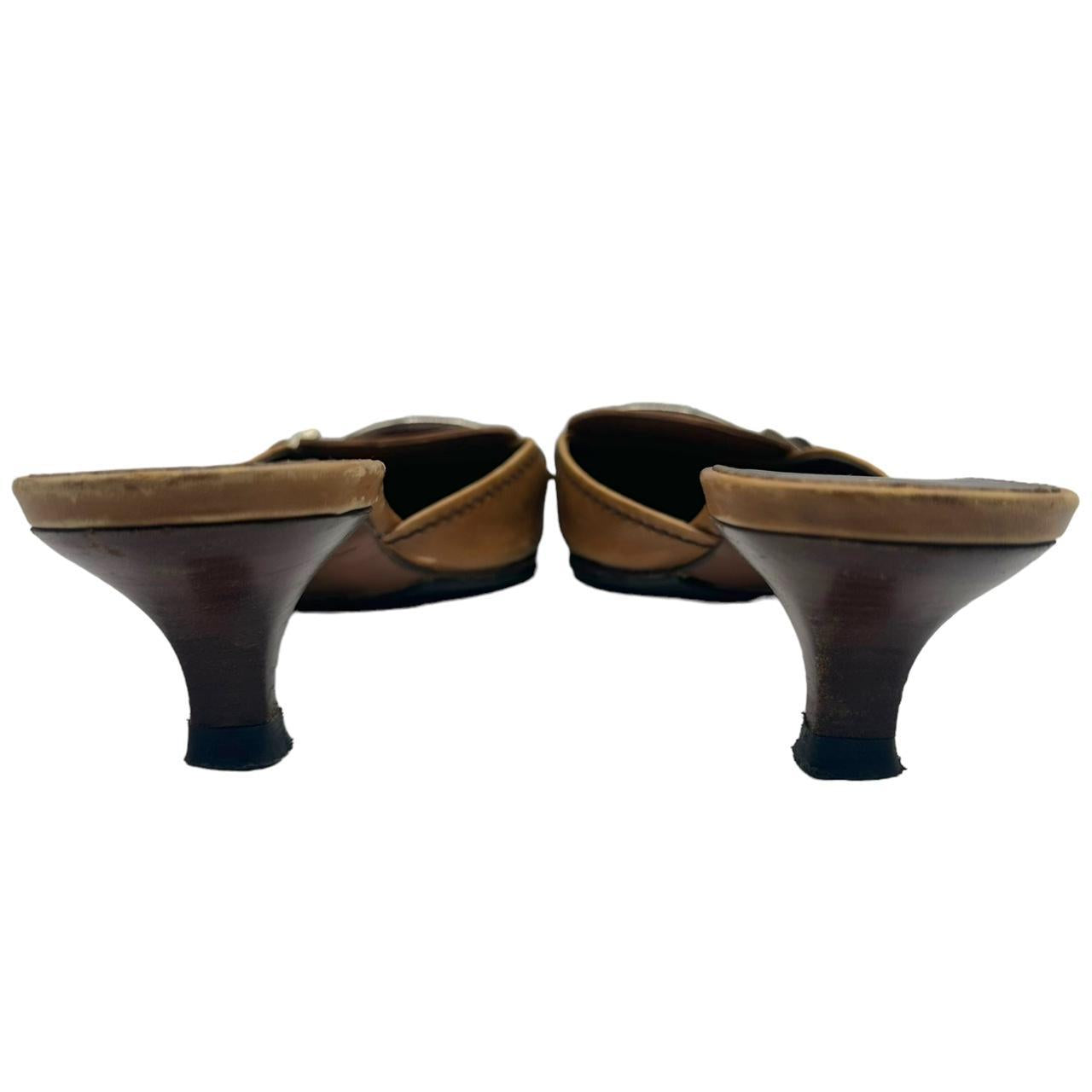 Prada Brown Leather Kitten Heel Mules with Logo Plate