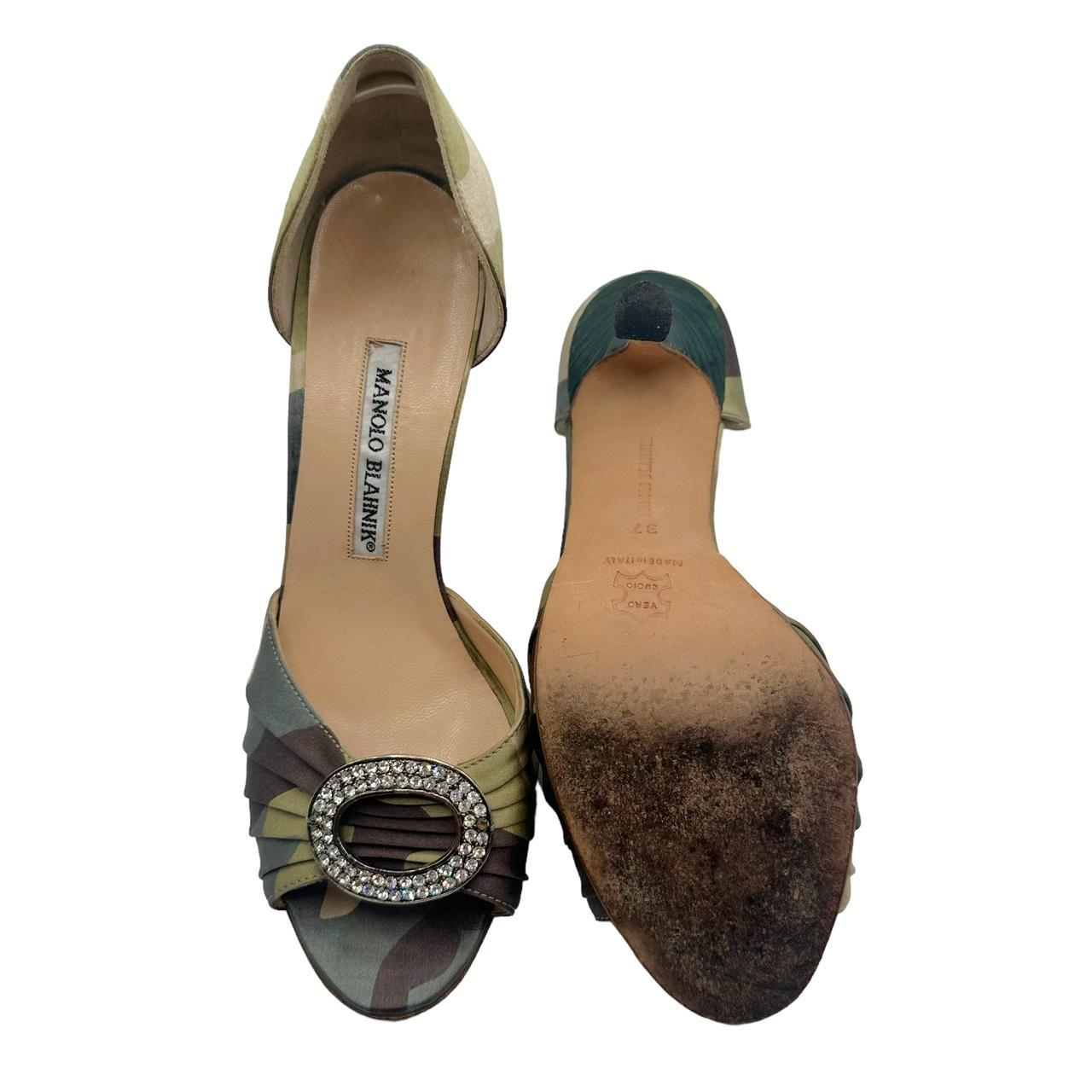Manolo Blahnik D'Orsay Heels Camouflage Silk Crystal Embellished