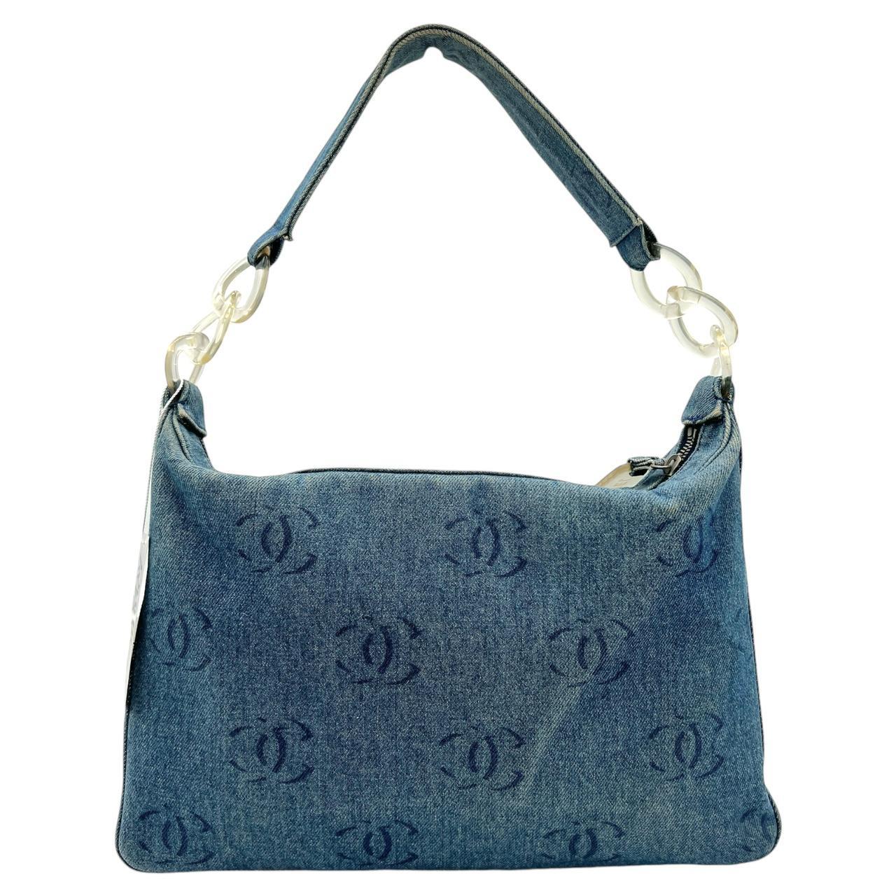 Chanel Blue Denim Hobo Shoulder Bag With Logo Print