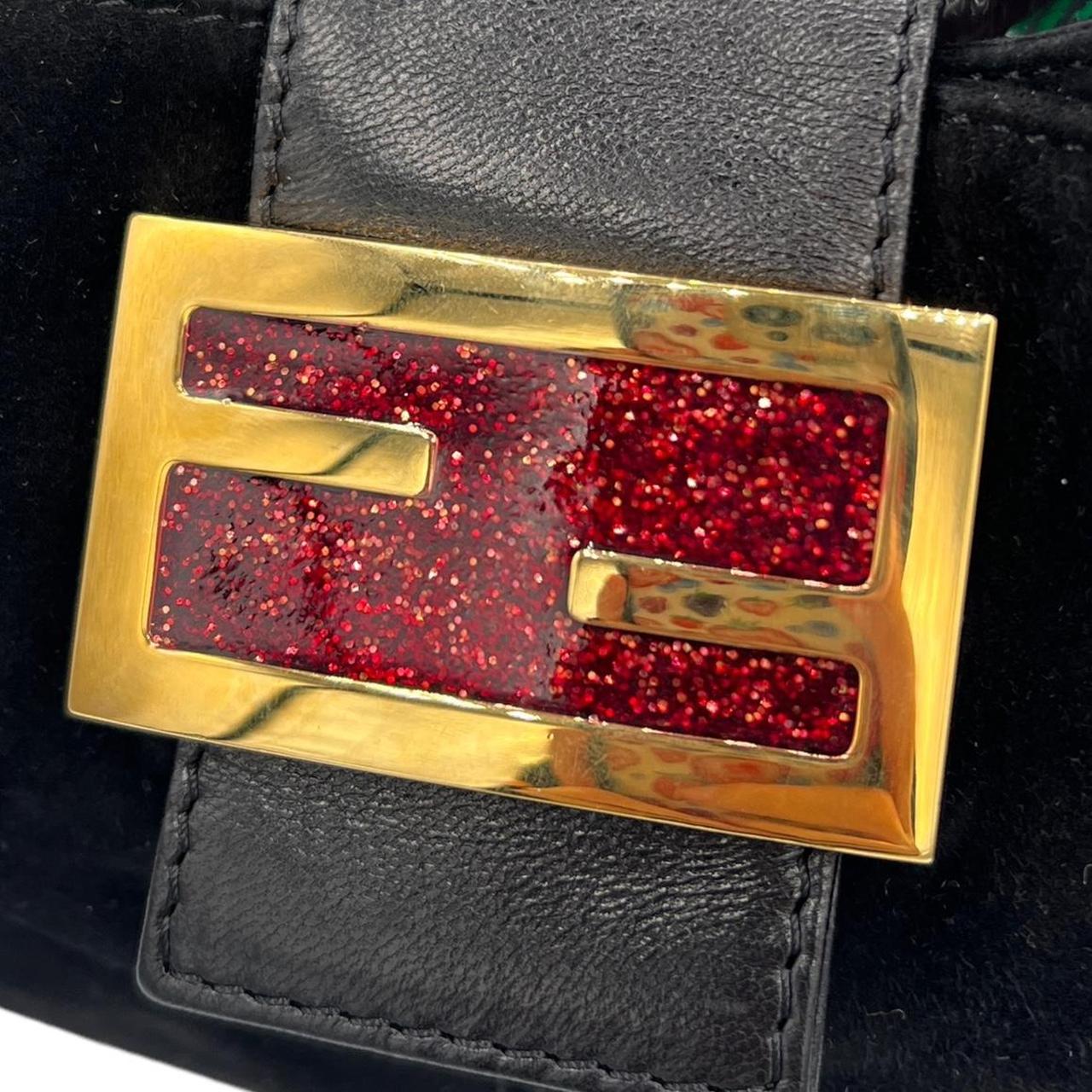 Fendi Black Suede Baguette Shoulder Bag Gold Red Hardware