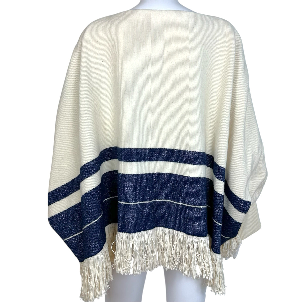Chloe Poncho Top Ivory Blue Fringe Trim Relaxed Fit