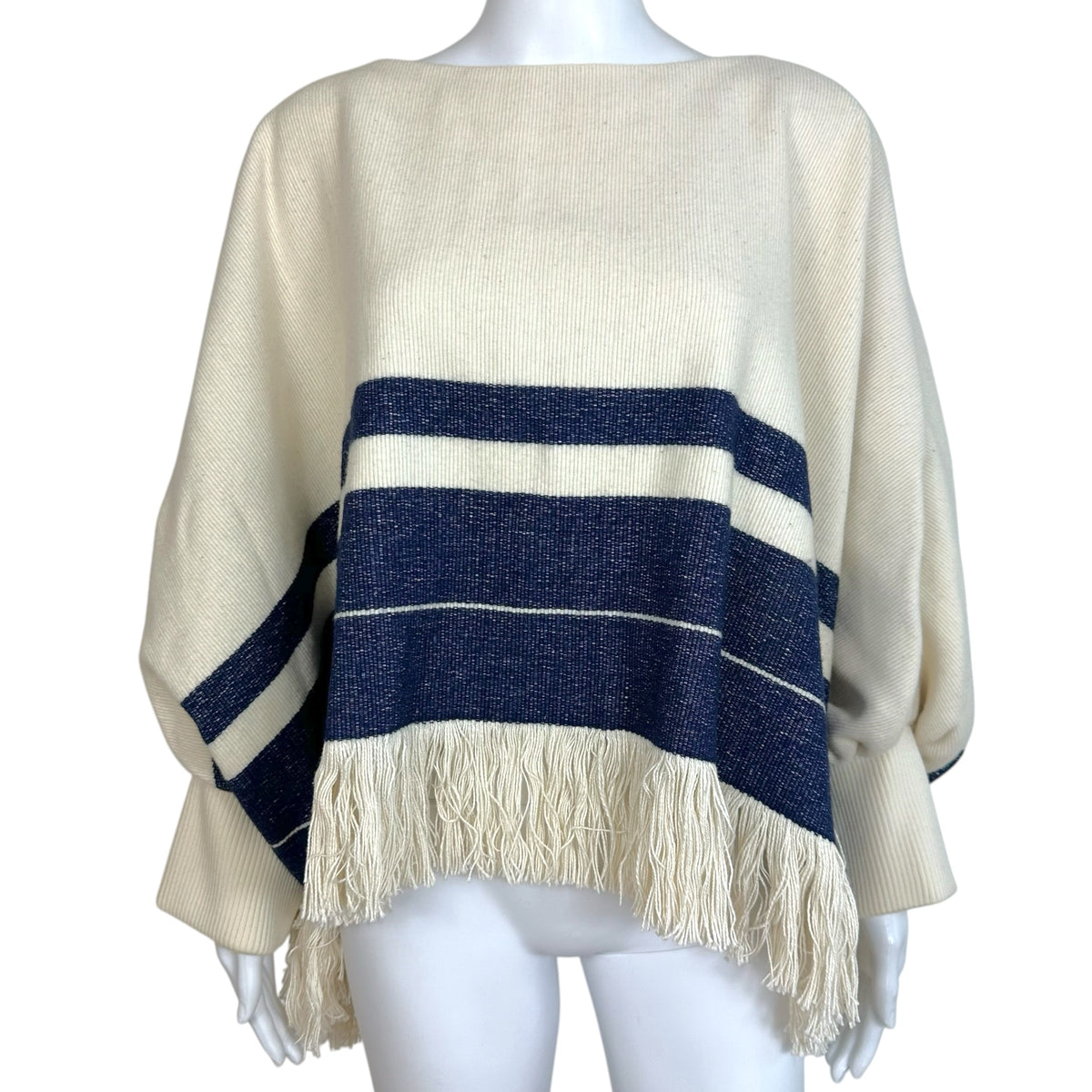 Chloe Poncho Top Ivory Blue Fringe Trim Relaxed Fit