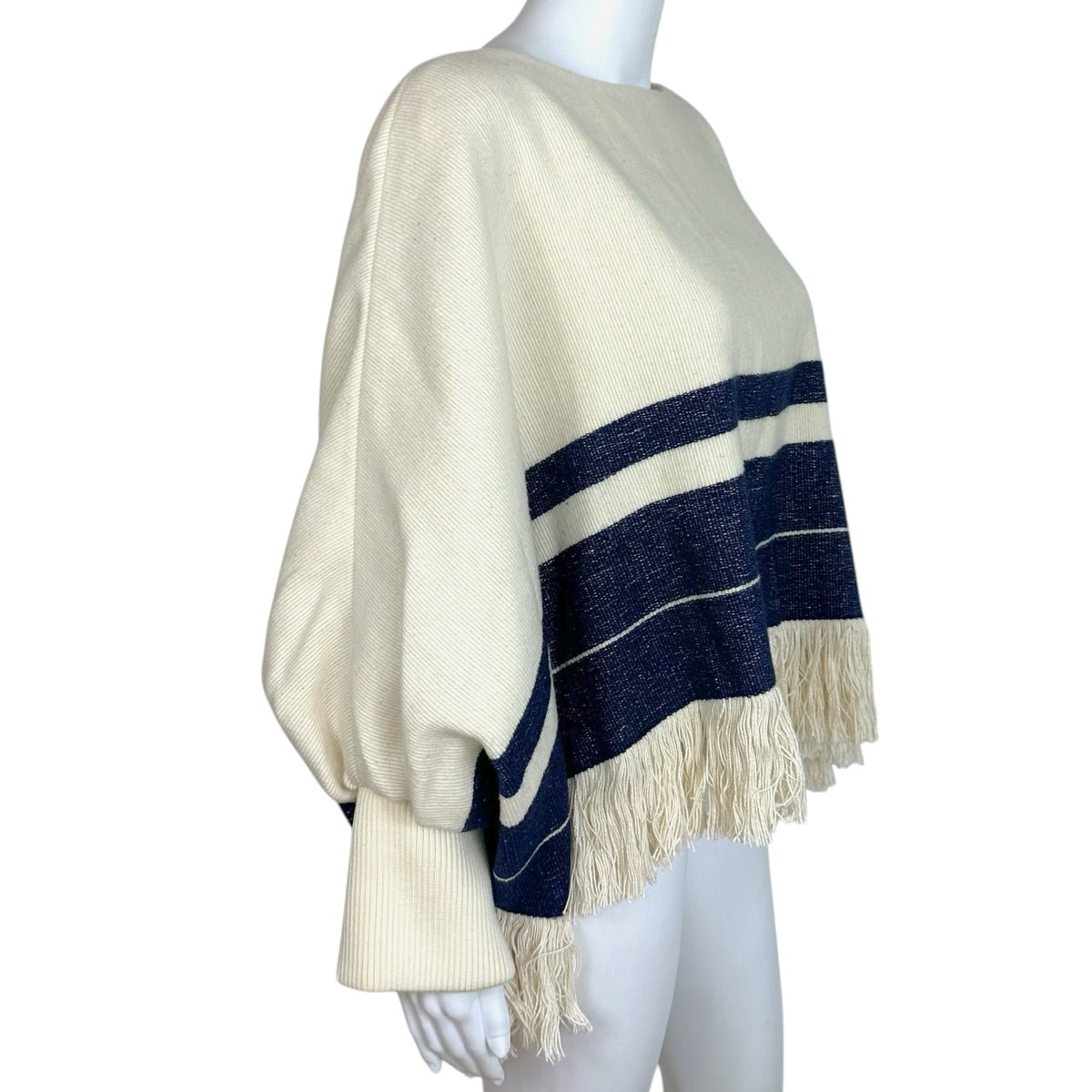 Chloe Poncho Top Ivory Blue Fringe Trim Relaxed Fit