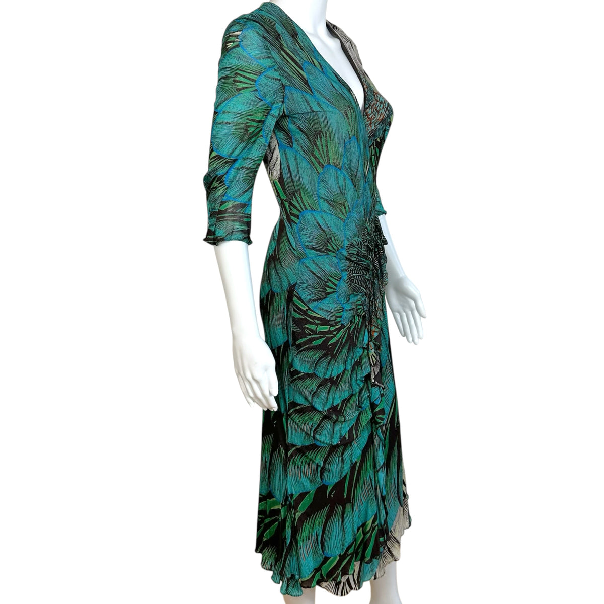 Roberto Cavalli Blue Feather Print Midi Dress