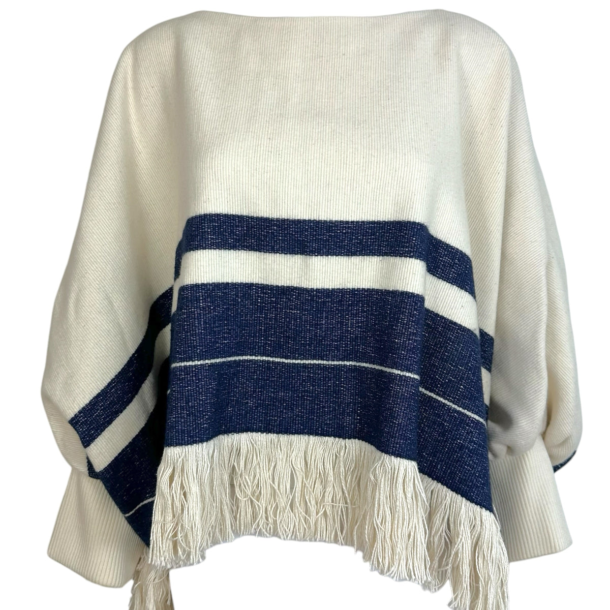 Chloe Poncho Top Ivory Blue Fringe Trim Relaxed Fit