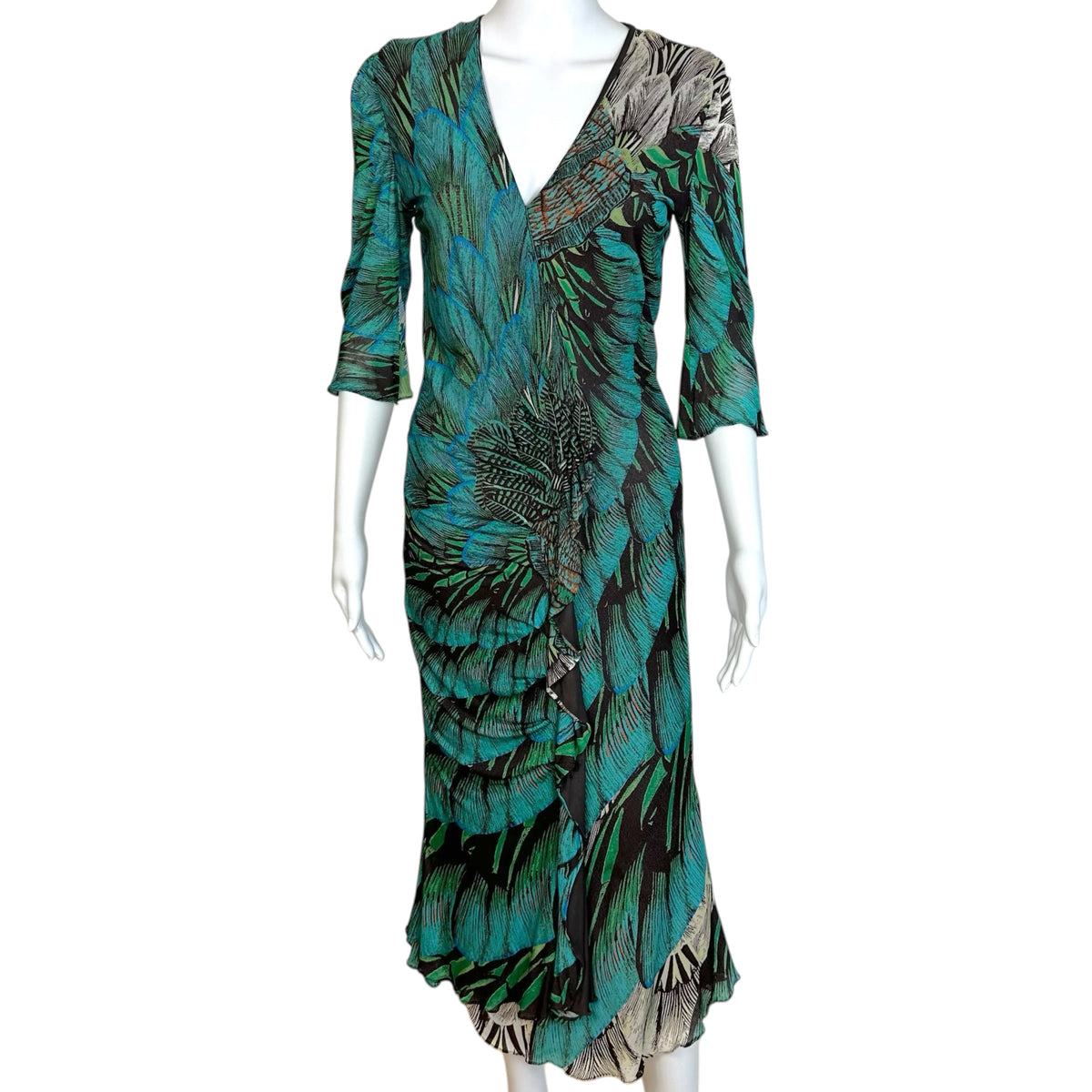 Roberto Cavalli Blue Feather Print Midi Dress