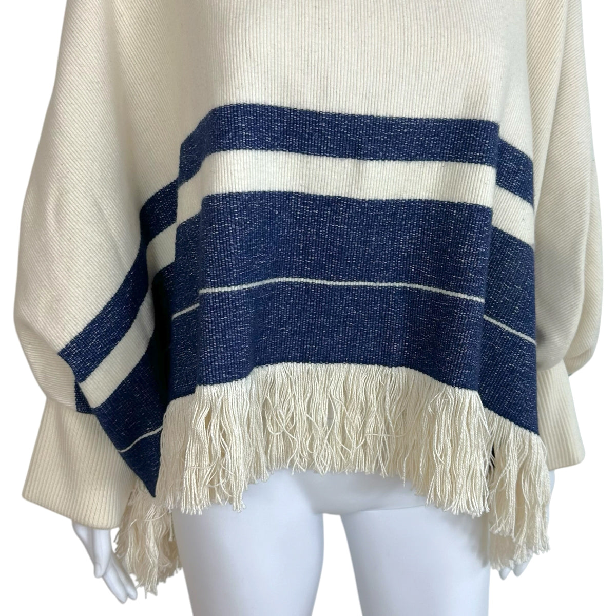 Chloe Poncho Top Ivory Blue Fringe Trim Relaxed Fit