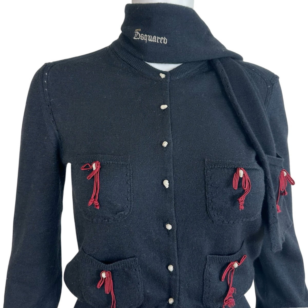 Dsquared2 Black Cashmere Cardigan Scarf Set Bow Skull