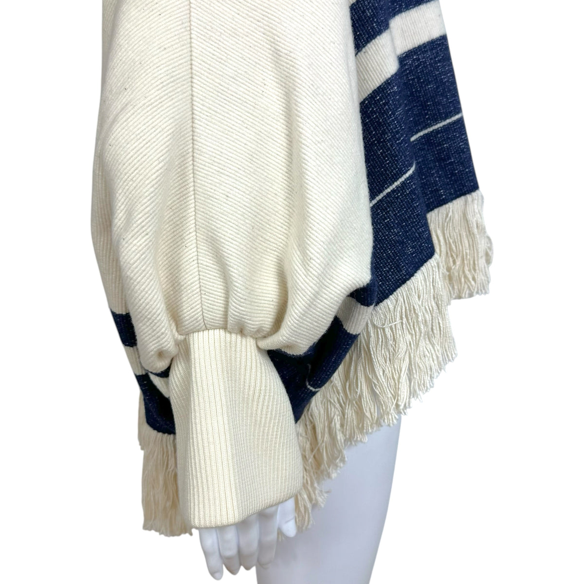 Chloe Poncho Top Ivory Blue Fringe Trim Relaxed Fit