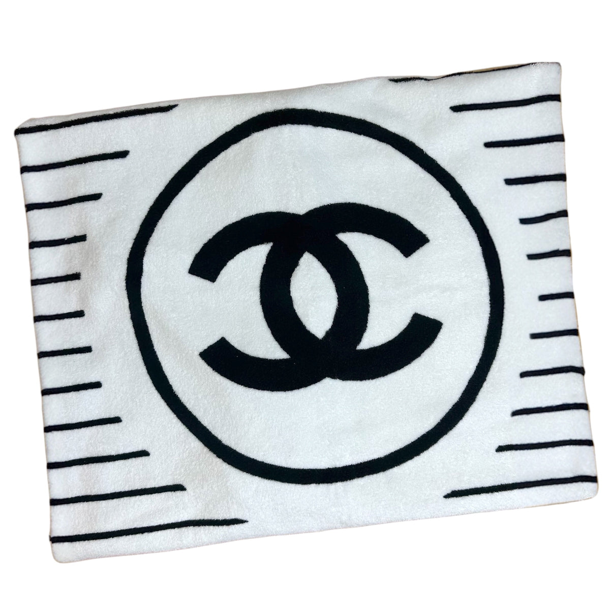 Chanel Black & White Striped CC Logo Beach Towel