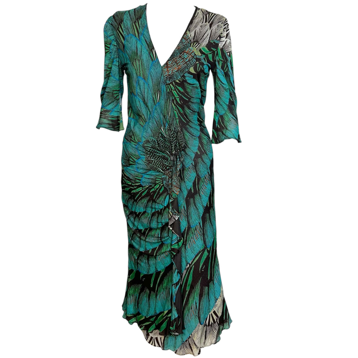 Roberto Cavalli Blue Feather Print Midi Dress